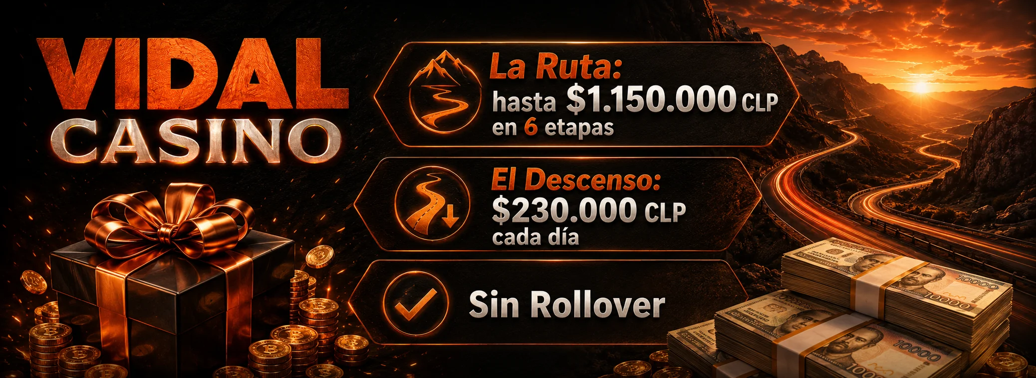 Promoción de Vidal Casino: La Ruta reparte $1.150.000 CLP en seis etapas sin rollover